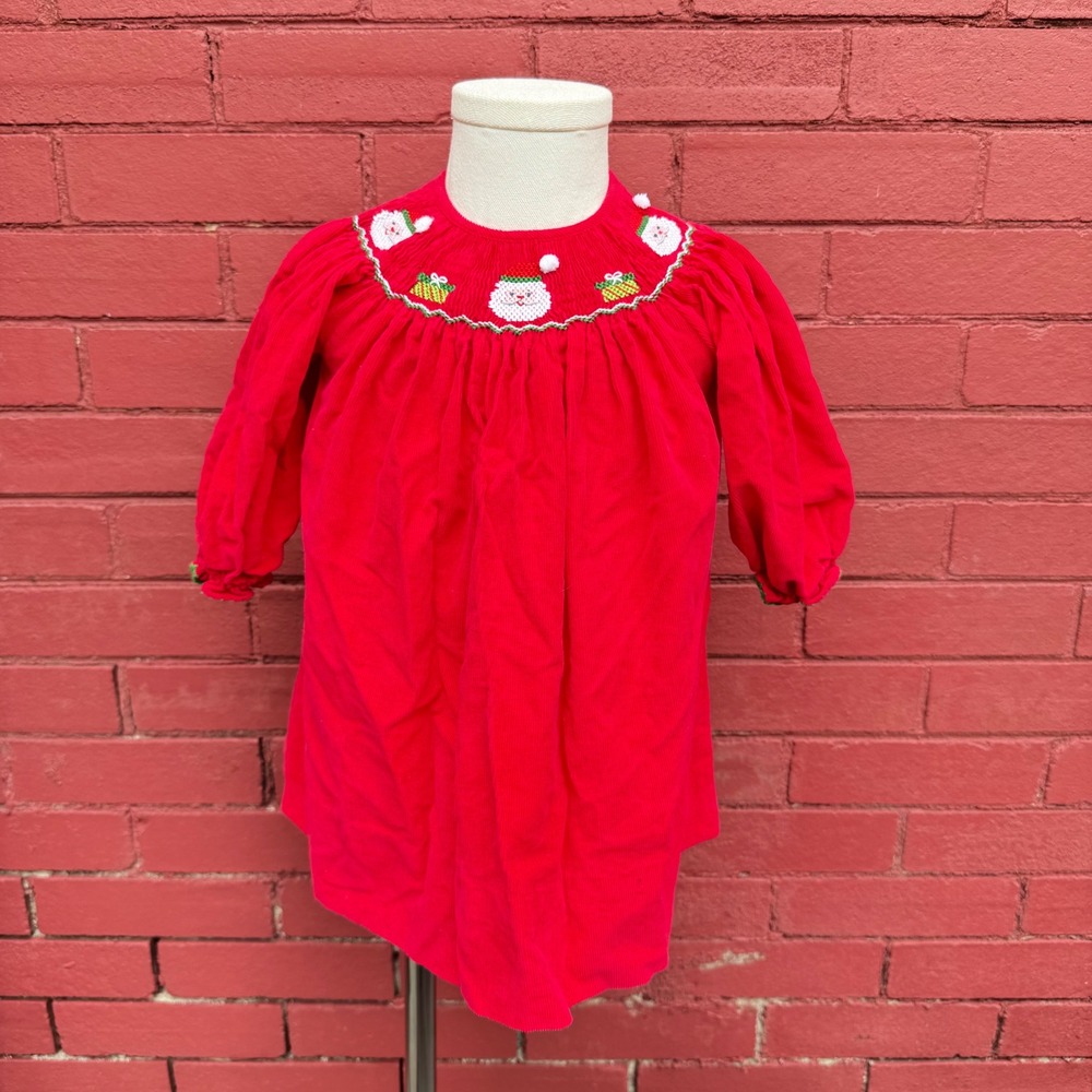 Edgehill Collection Baby Girls Red Corduroy Smocked Santa Christmas Dress 12M
